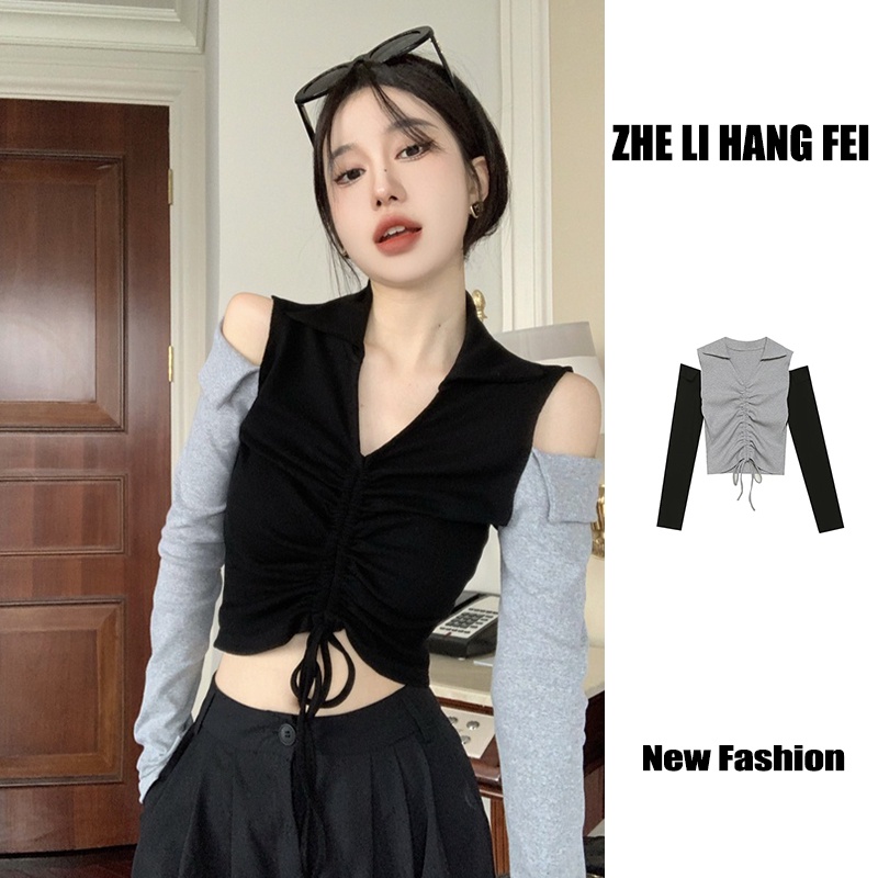 Áo kiểu ZHELIHANGFEI trễ vai tay dài phối dây rút phong cách retro