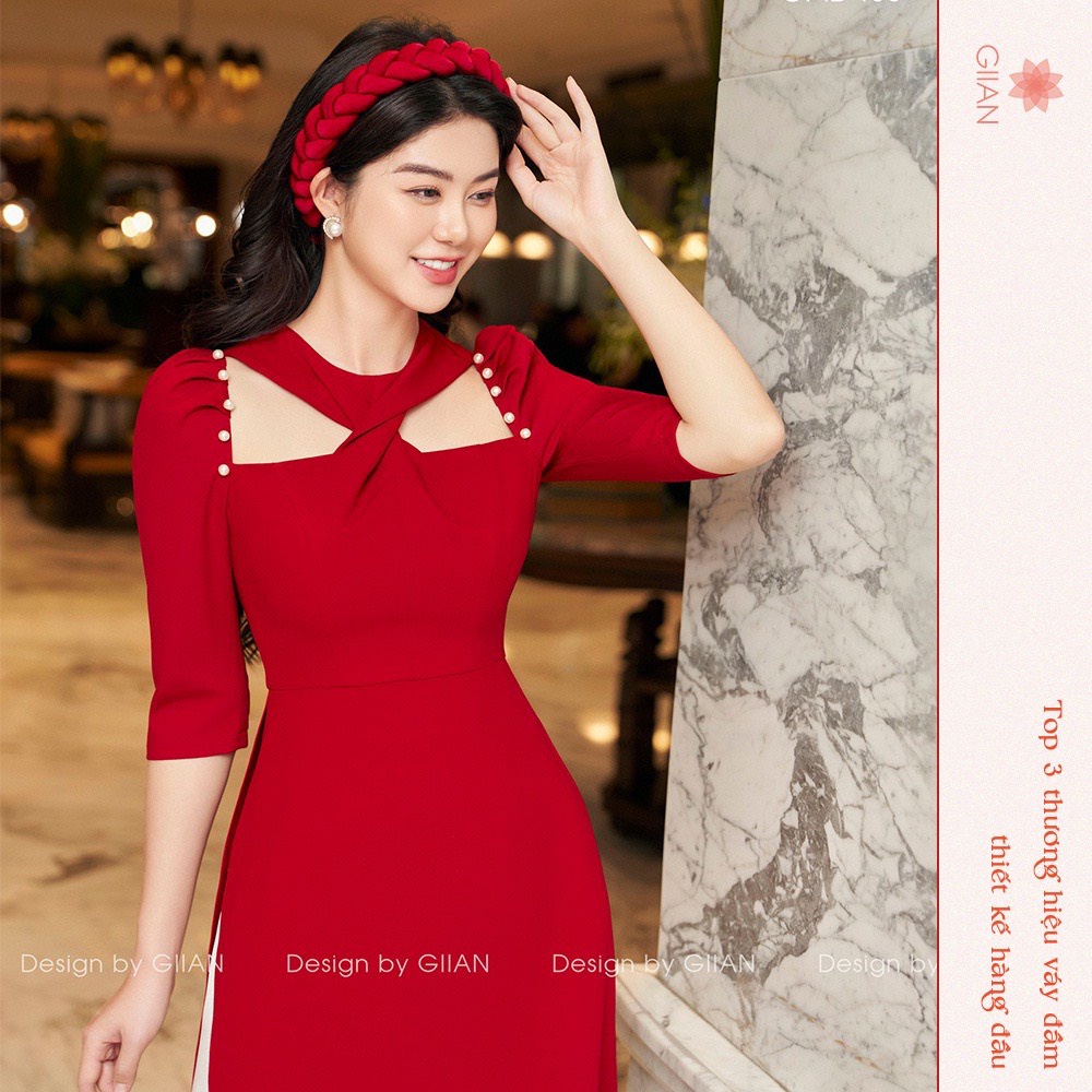 Áo Dài Cách Tân Nữ Cô Chéo Xếp Ly Tai Vai Phồng