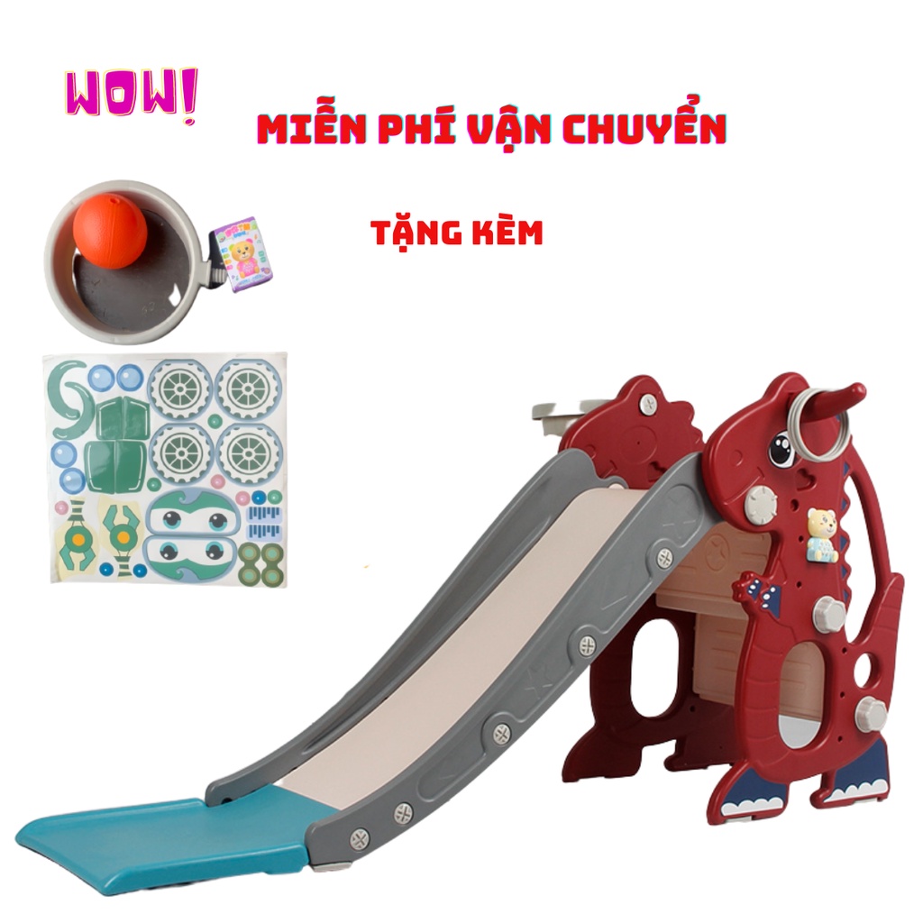 Cầu trượt cho bé trong nhà hình khủng longTẶNG gấu phát nhạc,bóng rổ mẫu 2023