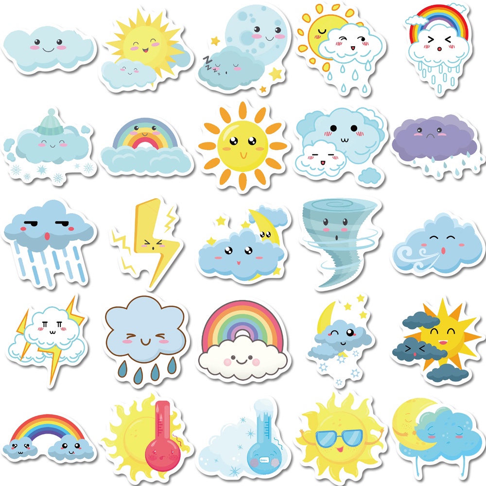 Combo 50 Sticker THỜI TIẾT MẶT TRỜI ĐÁM MÂY DỄ THƯƠNG hình dán chống nước dán mũ bảo hiểm, laptop, vali, điện thoại