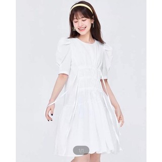 ĐẦM TAY PHỒNG THẮT DÂY EO 2 MÀU TRẮNG-XANH