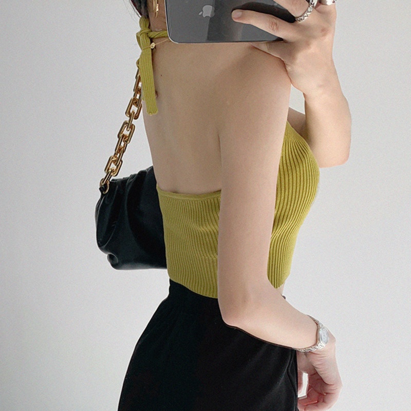Áo Croptop Dệt Kim Hai Dây Dáng Ngắn Màu Trơn Gợi Cảm