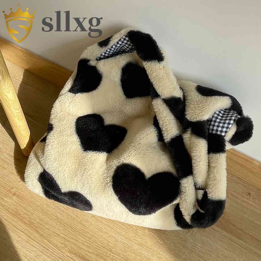 Túi Tote Đeo Vai Mùa Đông Kích Thước Lớn Họa Tiết Trái Tim Bằng Vải Lông