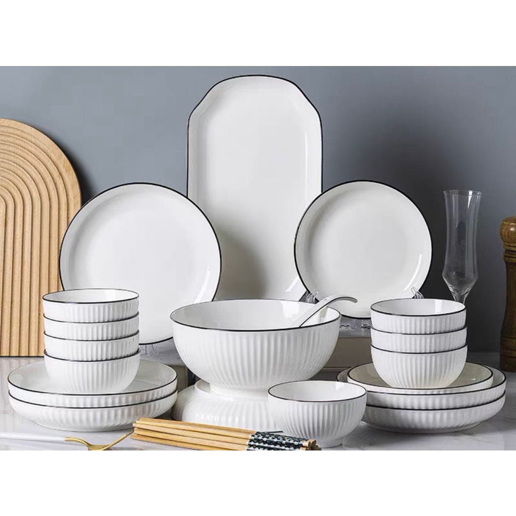 Bộ Bát Đĩa Chén Đĩa Sứ Decor Cao Cấp Màu Trắng Viền Đen Phong Cách Châu Âu Men Sáng Mịn