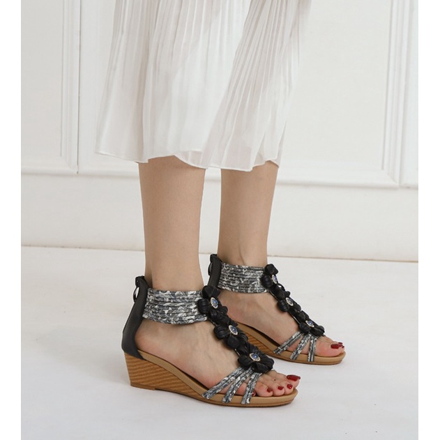 Giày sandal đế xuồng 5cm XiangLV, quai đính hoa xinh xắn