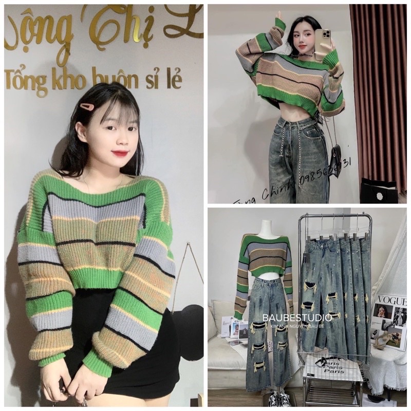 Áo len kẻ xanh dáng croptop tay bồng hàng loại 1 ( có bán sỉ)