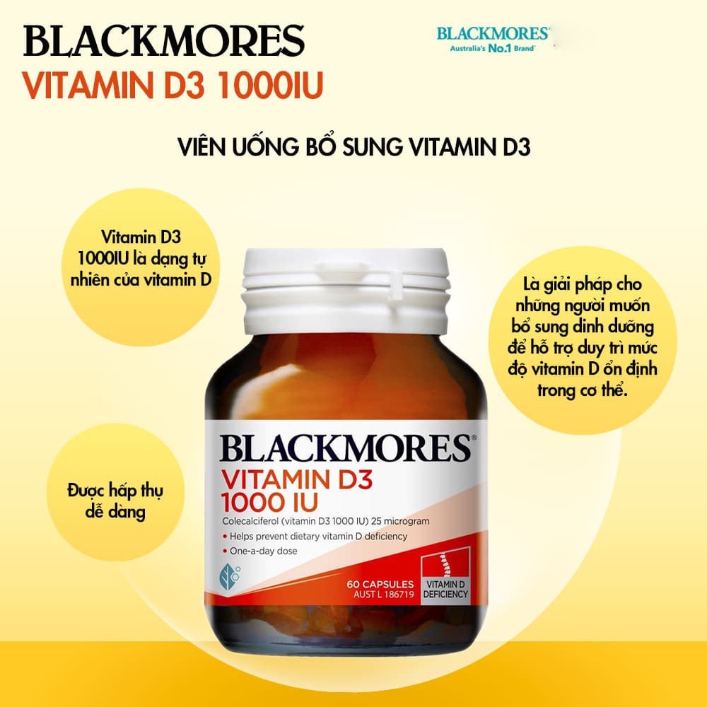 Vitamin D3 1000IU Blackmores hỗ trợ hấp thu canxi giúp xương chắc khỏe và tăng cường đề kháng, của Úc 60v