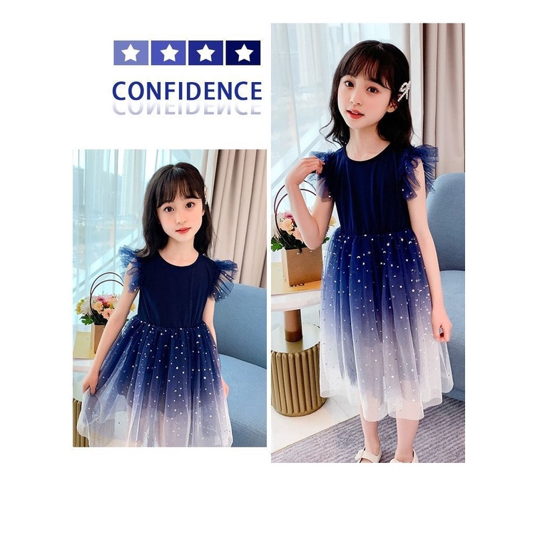 Váy xinh bé gái 3-10  tuổi đầm công chúa，Đầm Công Chúa Mùa Hè Tay Ngắn Phồng Phối Lưới Màu gradient Lấp Lánh Cho Bé Gái