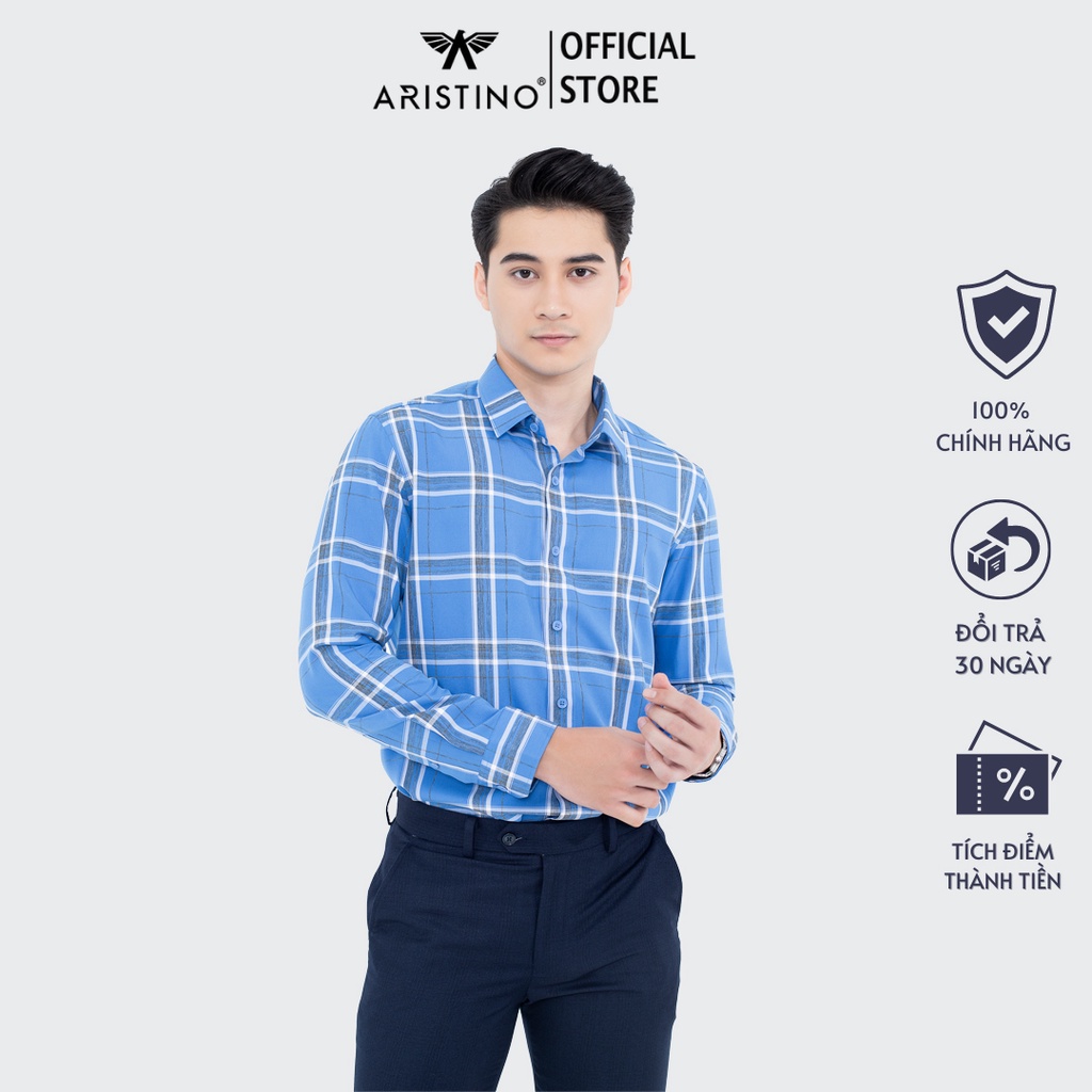 [ MỚI ] Áo sơ mi nam dài tay ARISTINO dáng Slim fit ôm vừa, họa tiết xanh kẻ caro trẻ trung- ALS27301