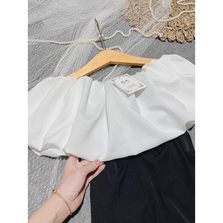Váy trễ vai Bèo trắng thân đen chất von