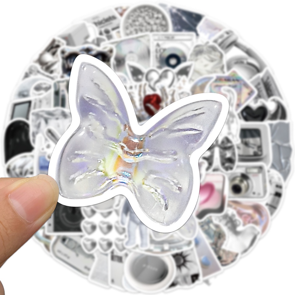 Combo 50 Sticker MÀU TRẮNG XÁM KIM LOẠI AESTHETIC HIỆN ĐẠI hình dán chống nước dán mũ bảo hiểm, laptop, vali, điện thoại