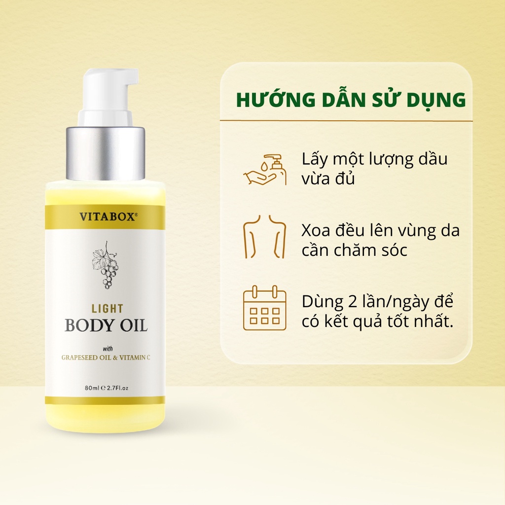 Dầu dưỡng thể Vitabox Light Body Oil - sáng da, mờ thâm, dưỡng ẩm - 80mL | BigBuy360 - bigbuy360.vn