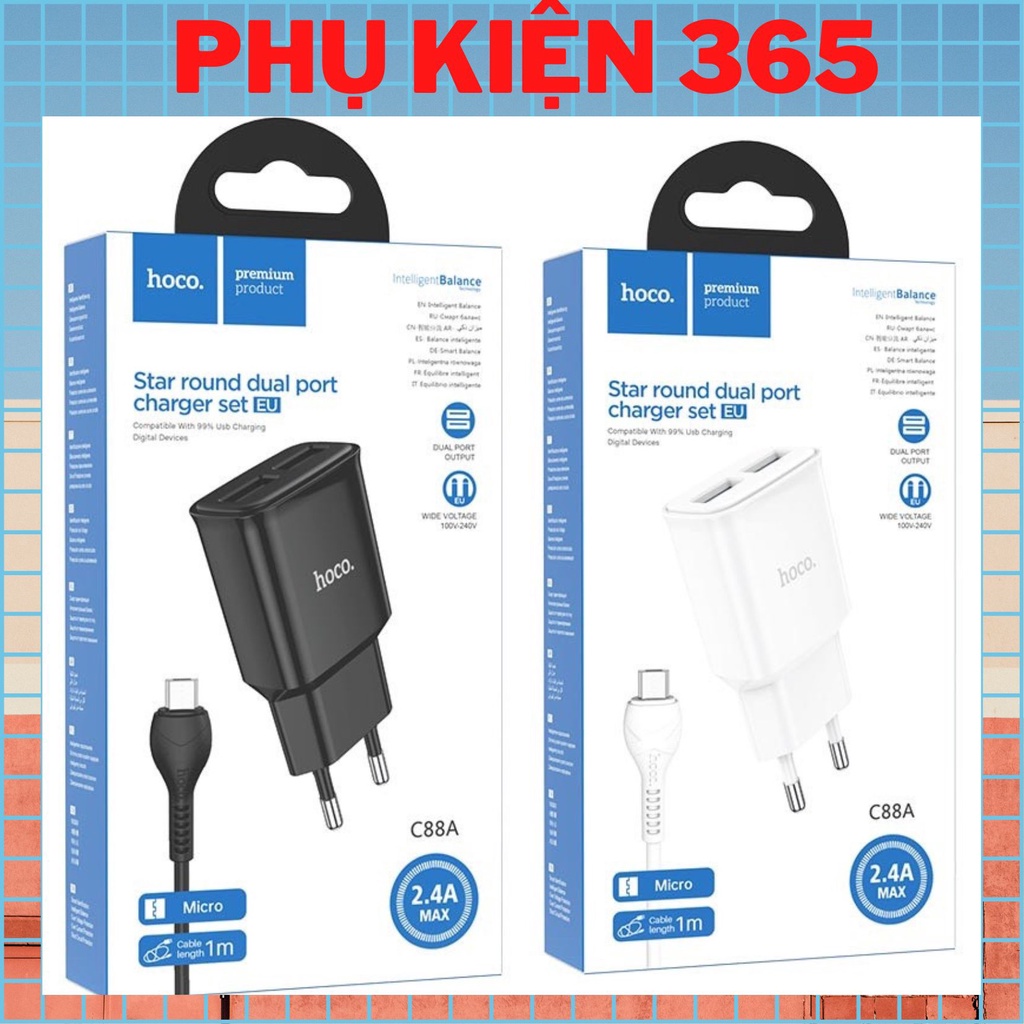 Bộ sạc Hoco C88A - 5V/2.4A đầu IP, Micro, TypeC dài 1m - Chính hãng