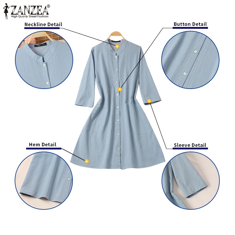 Đầm midi ZANZEA tay lửng cổ đứng có túi thời trang cho nữ