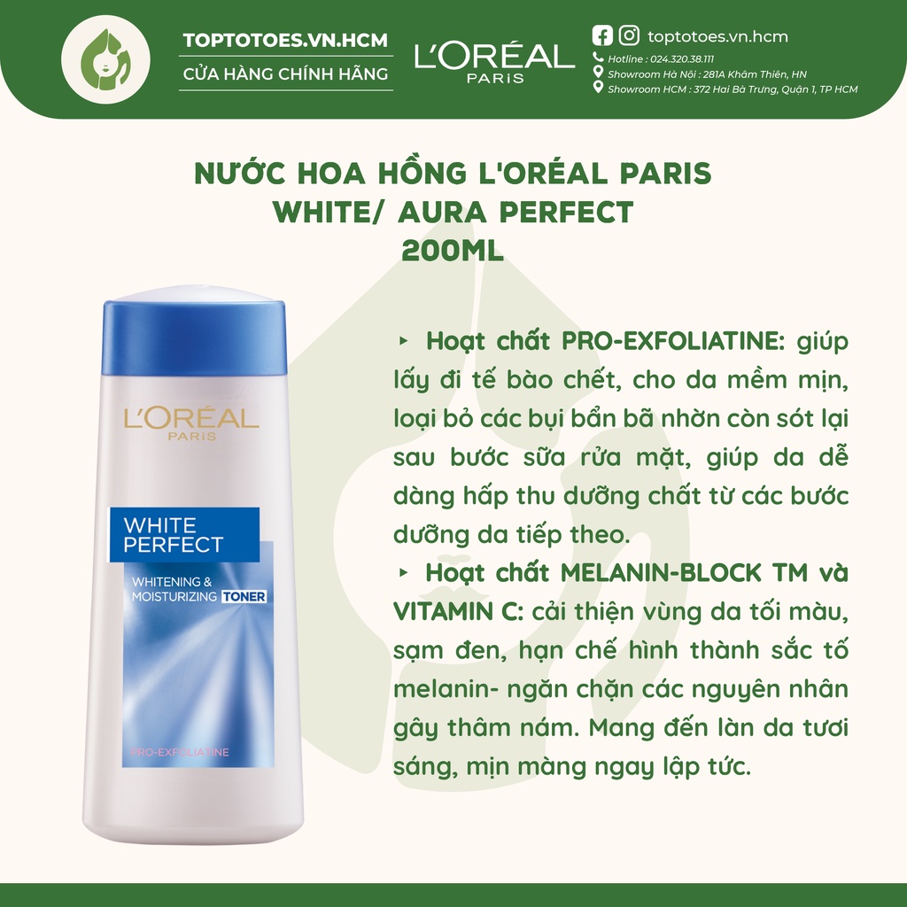 Nước hoa hồng se khít lỗ chân lông và trắng mịn da L'Oreal Paris White/ Aura Perfect 200ml [NHẬP KHẨU CHÍNH HÃNG 100%]