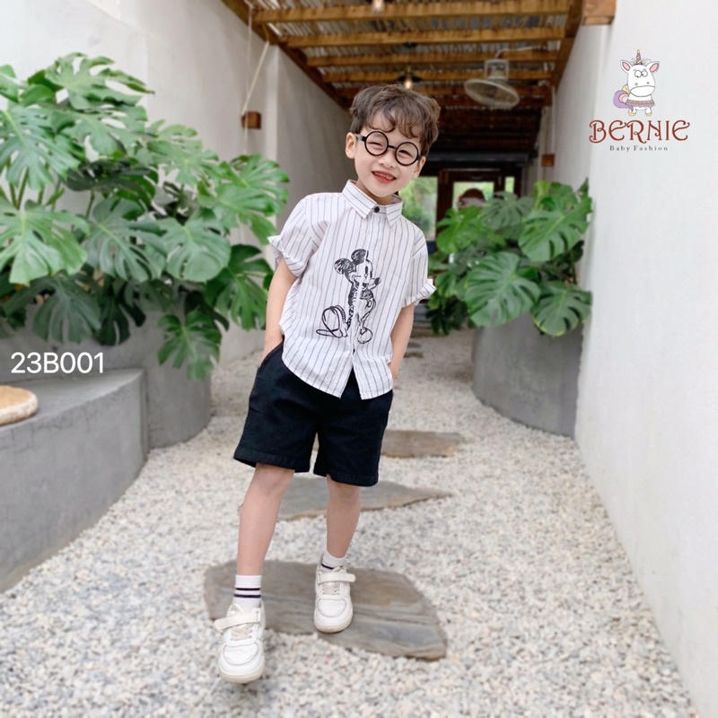 Bộ sơmi bé trai Bernie kẻ hoạ tiết Micky chất thô cho bé từ 8-22kg-23B001