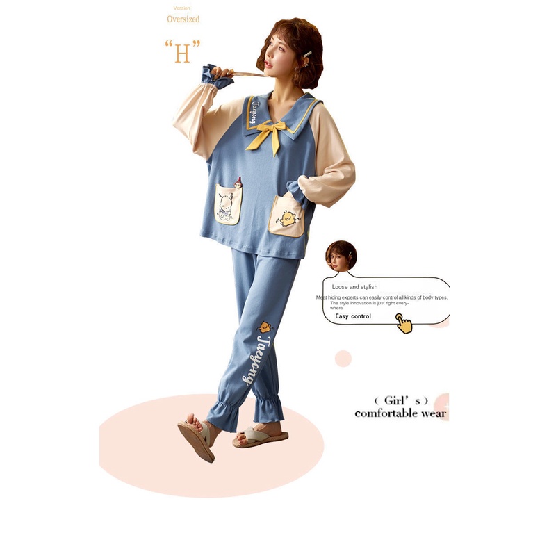 Bộ Đồ Ngủ Tay Dài Chất Liệu Cotton Nguyên Chất In Họa Tiết Hoạt Hình Dễ Thương Thời Trang Cho Nữ