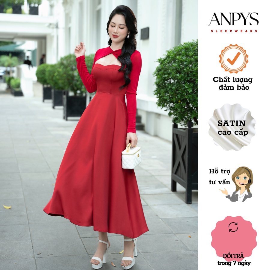 Váy thiết kế cao cấp màu đỏ khoét ngực, màu đỏ, chanh xả, đi làm, đi tiệc cuối năm [Ảnh thật]