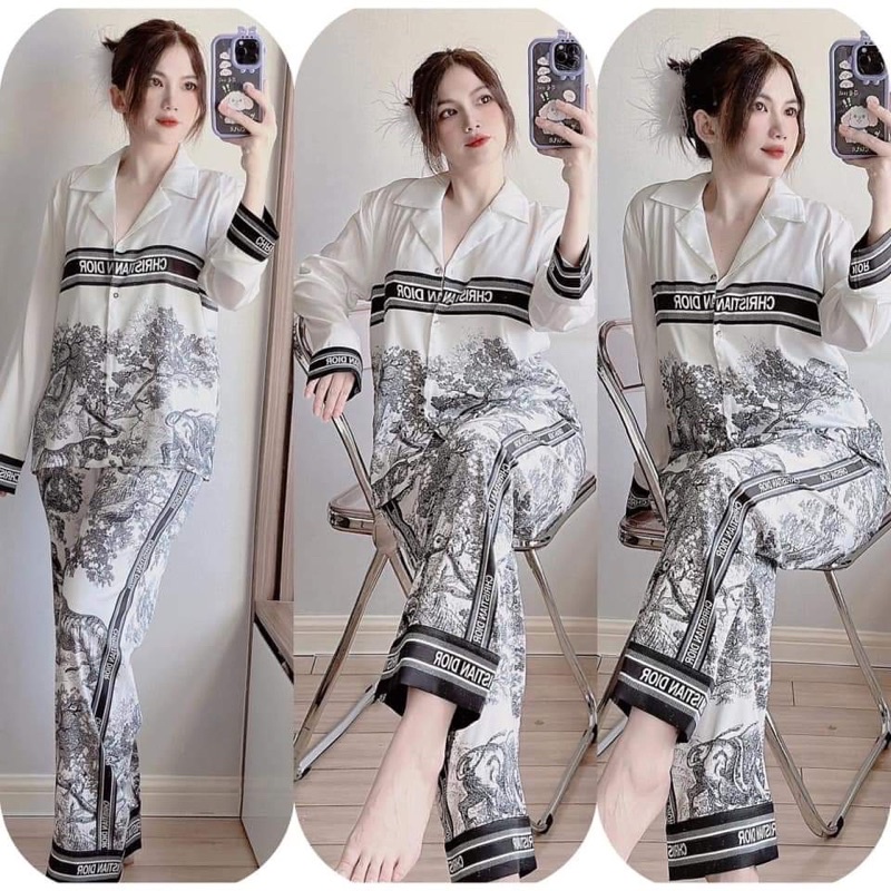 Đồ bộ mặc nhà pijama lụa tay ngắn quần dài hoạ tiết, mềm mịn, TMshop