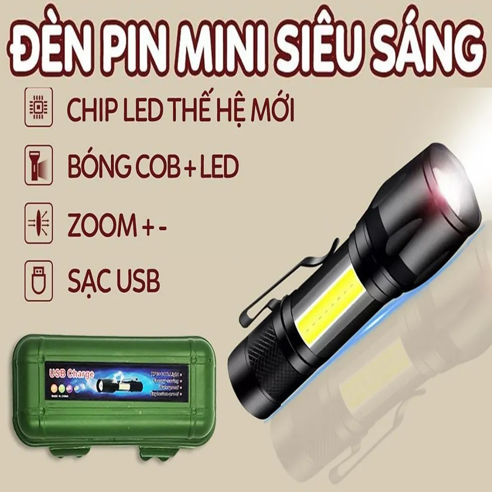 Đèn pin siêu sáng mini bin sạc điện usb bóng led xpe cob có zoom chống nước cầm tay chuyên dụng ..