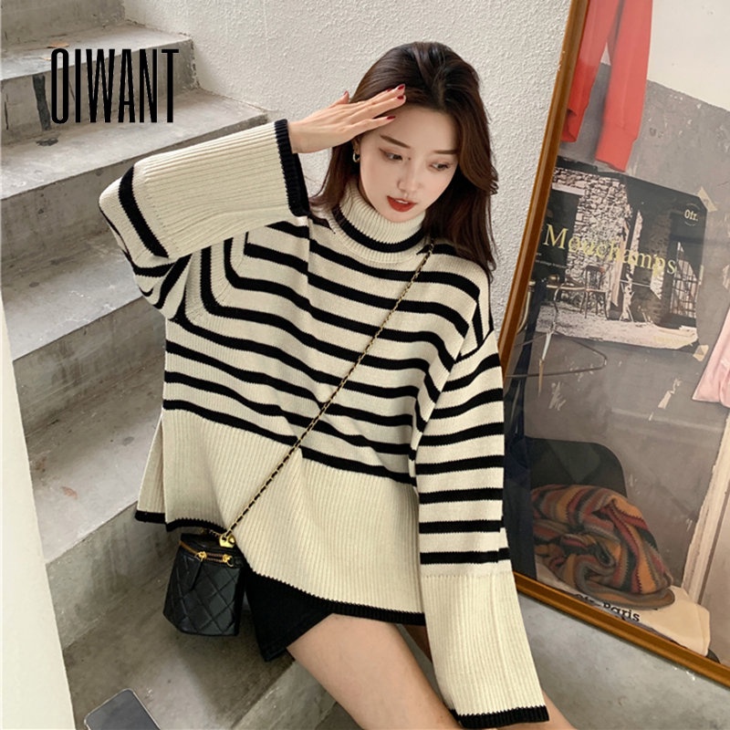 Áo Sweater Dệt Kim Tay Dài Dáng Ôm In Họa Tiết Kẻ Sọc Thời Trang 2023 Cho Nữ
