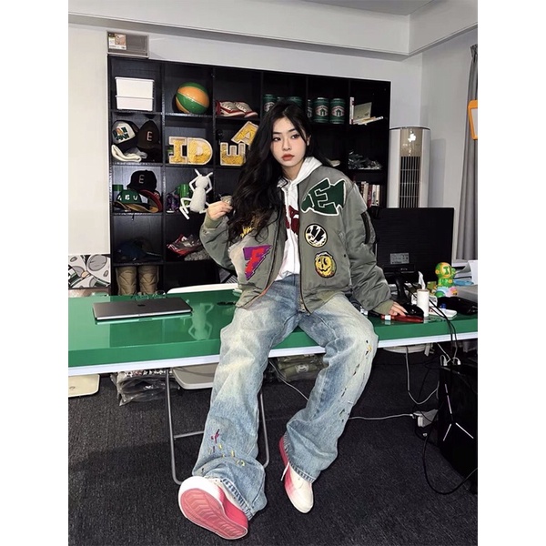Quần bò jeans ống rộng màu xanh nhạt bụi bặm vintage thêu vẩy sơn Ulzzang hiphop unisex