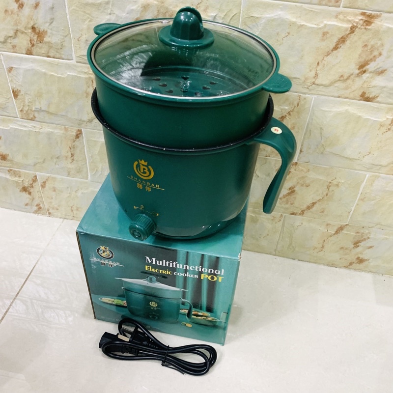 Nồi lẩu điện mini cầm tay, Nồi nấu mì 2 tầng tặng kèm giá hấp đa năng 1,8L