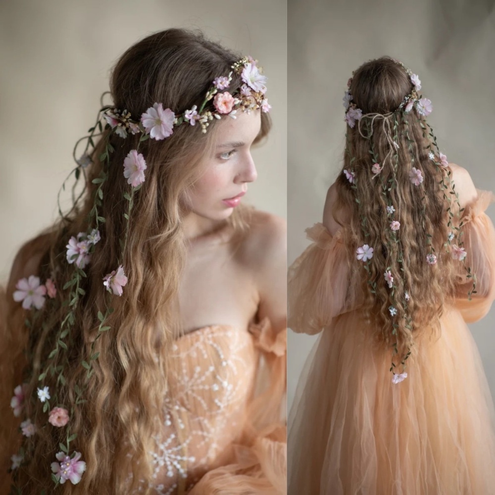 Vòng Hoa Giả Phối Tua Rua Cài Tóc Thời Trang Cho Cô Dâu