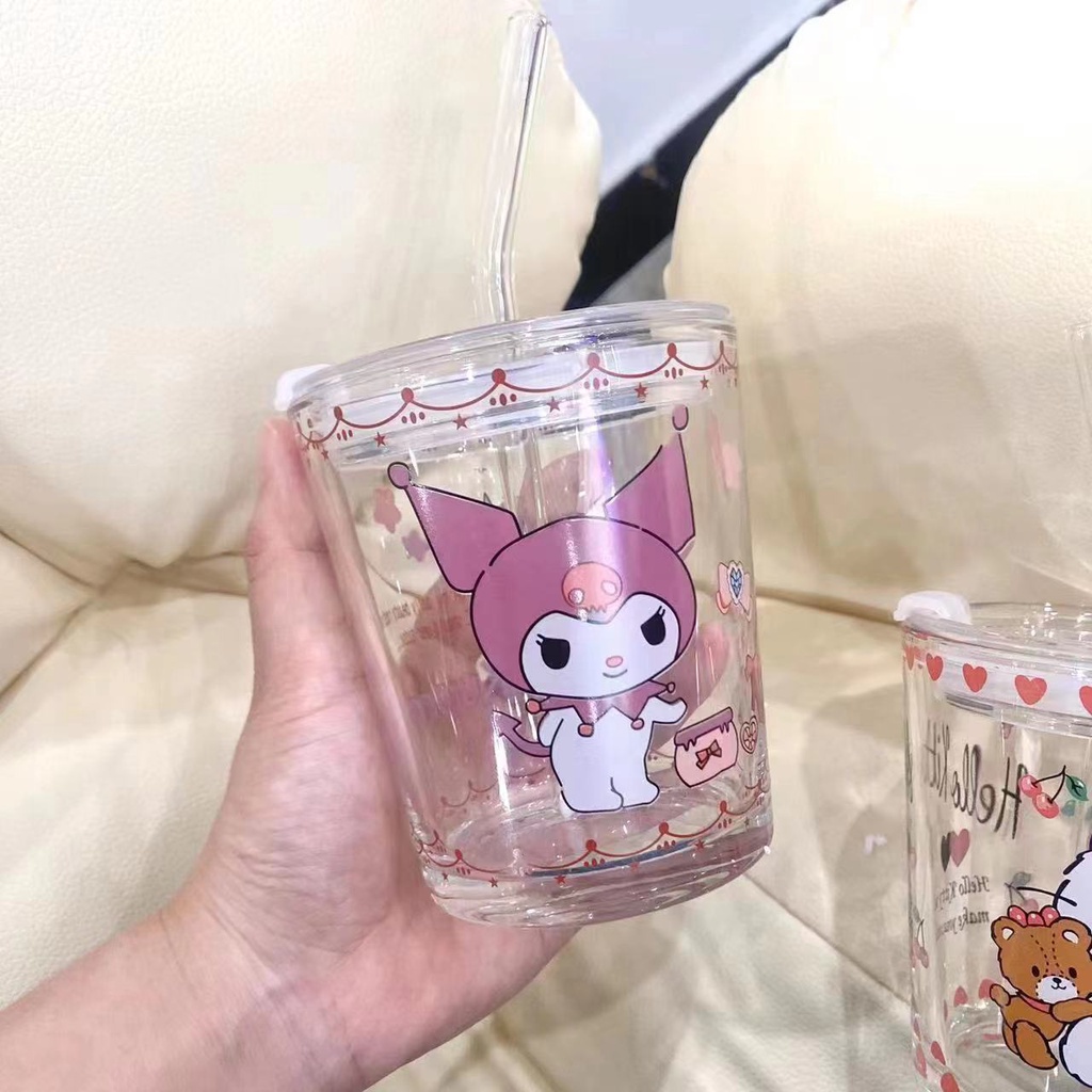 SANRIO Cốc Uống Sữa Bằng Thủy Tinh Chịu Nhiệt Hình Hello Kitty Kuromi Kèm Ống Hút