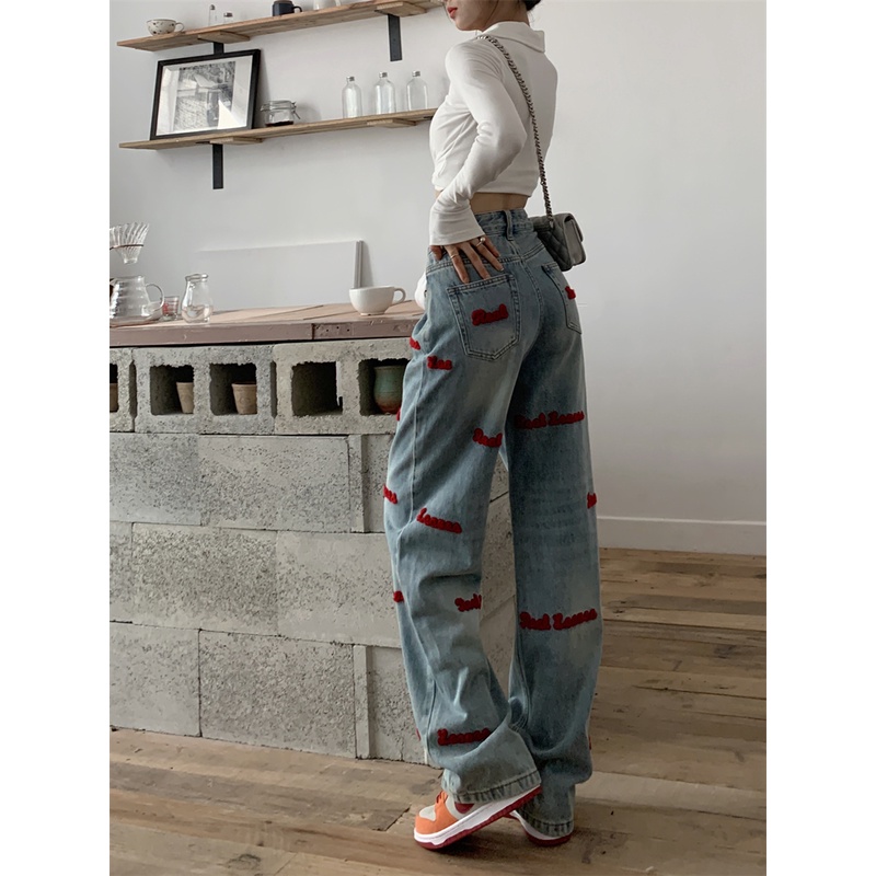 ZHELIHANGFEI Quần Jean Dài Lưng Cao Ống Rộng Thêu Họa Tiết Thời Trang Đường Phố Mỹ Cá Tính