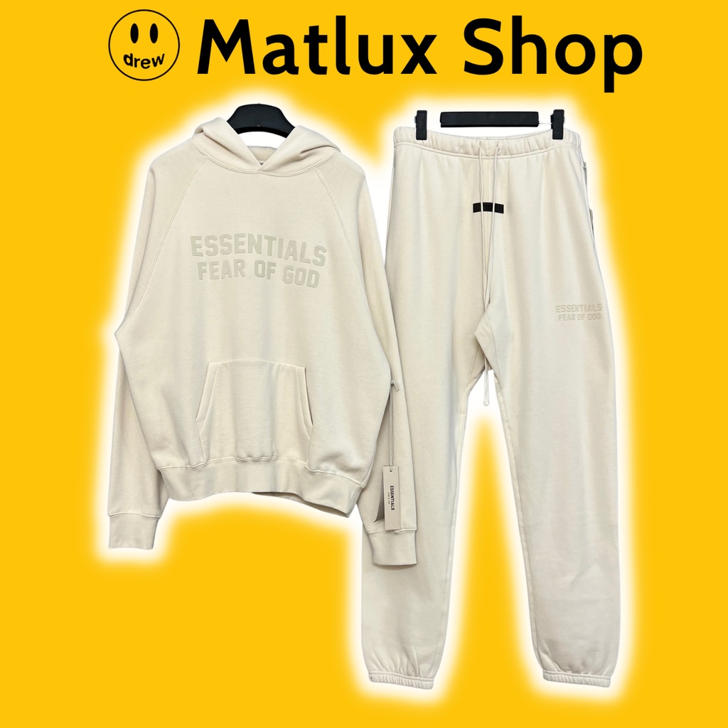 Set đồ nỉ FEAR OF GOD ESSENTIALS Hoodie SS22 Egg Shell chất liệu nỉ bông cao cấp, Bộ đồ nỉ FOG in nhung
