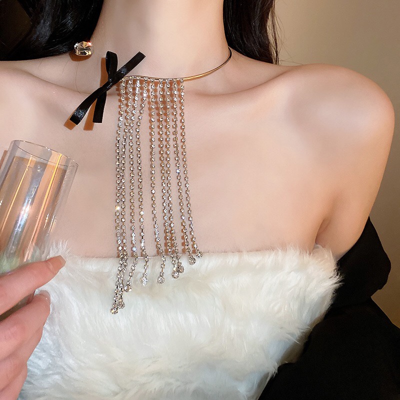 [ Cao Cấp Bao Đẹp ] Choker Vòng Cổ Nhiều Hàng Dây Đá Dài Phối Nơ Đen Siêu Đẹp Lấp Lánh Sang Chảnh Dự Tiệc Mainia Shop