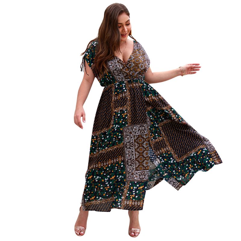 Xiangbao Đầm Dài Đi Biển Mùa Hè Xẻ Tà In Họa Tiết Cổ Điển Kích Thước Lớn Cho Nữ