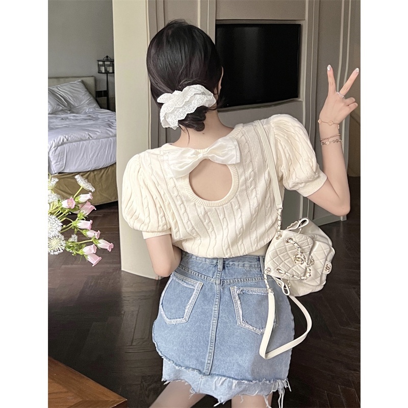 Áo sweater Dệt Kim Tay Ngắn Dáng Ngắn Phối Nơ Xinh Xắn