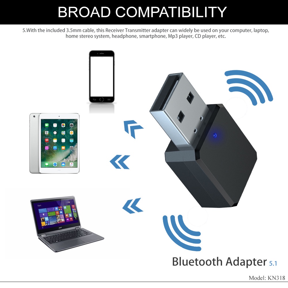 KN318 Bluetooth 5.1 Đầu Thu Âm Thanh AUX USB Âm Thanh Nổi Trên Xe Hơi Cuộc Gọi Rảnh Tay Tích Hợp Micro Mic Không Dây
