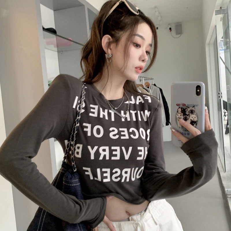 Áo Thun Nữ Dài Tay Cổ Tròn In Chữ Thời Trang