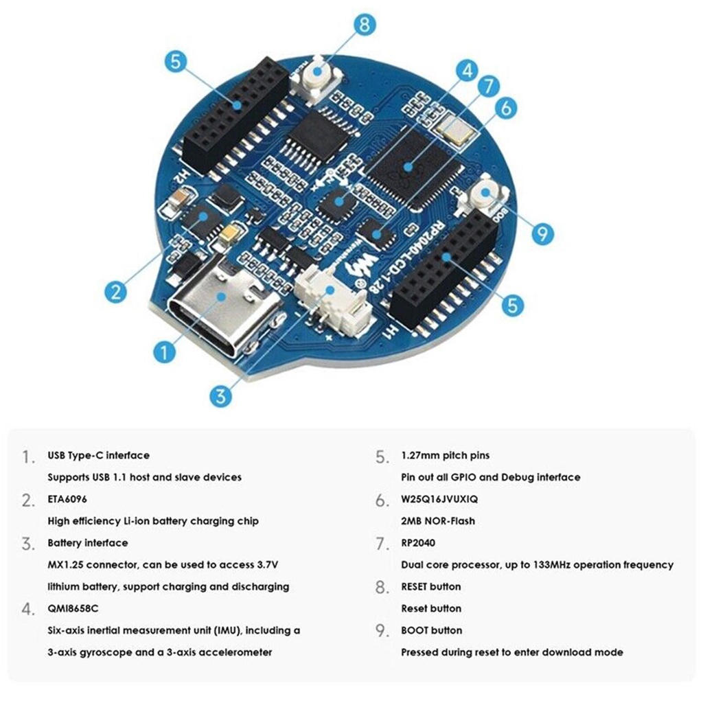 Bảng Mạch Phát Triển Raspberry Pi RP2040 Với Màn Hình Tròn LCD 1.28inch Q1Q0