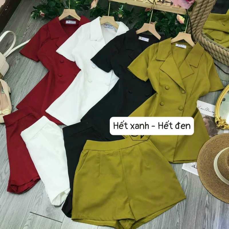 Set đồ bộ thiết kế quần đùi ống rộng đai cao có túi và áo sơ mi vest tay ngắn form dài ôm eo, vải tuyết mưa đứng dáng