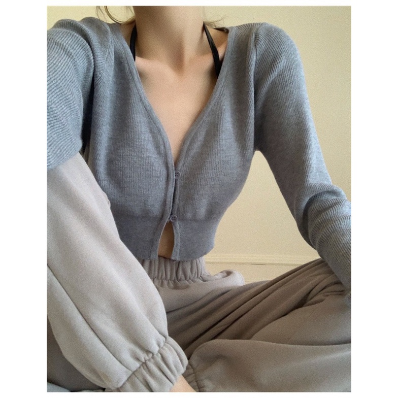 Áo Croptop Dệt Kim Tay Dài Cổ Chữ V Màu Trơn Thời Trang Mùa Thu Quyến Rũ Cho Nữ