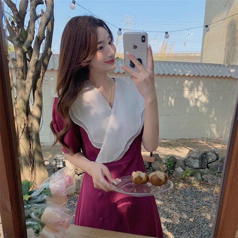 Đầm Tay Ngắn Cổ Ren Màu Trơn Eo Cao Ôm Dáng Thời Trang Cho Nữ