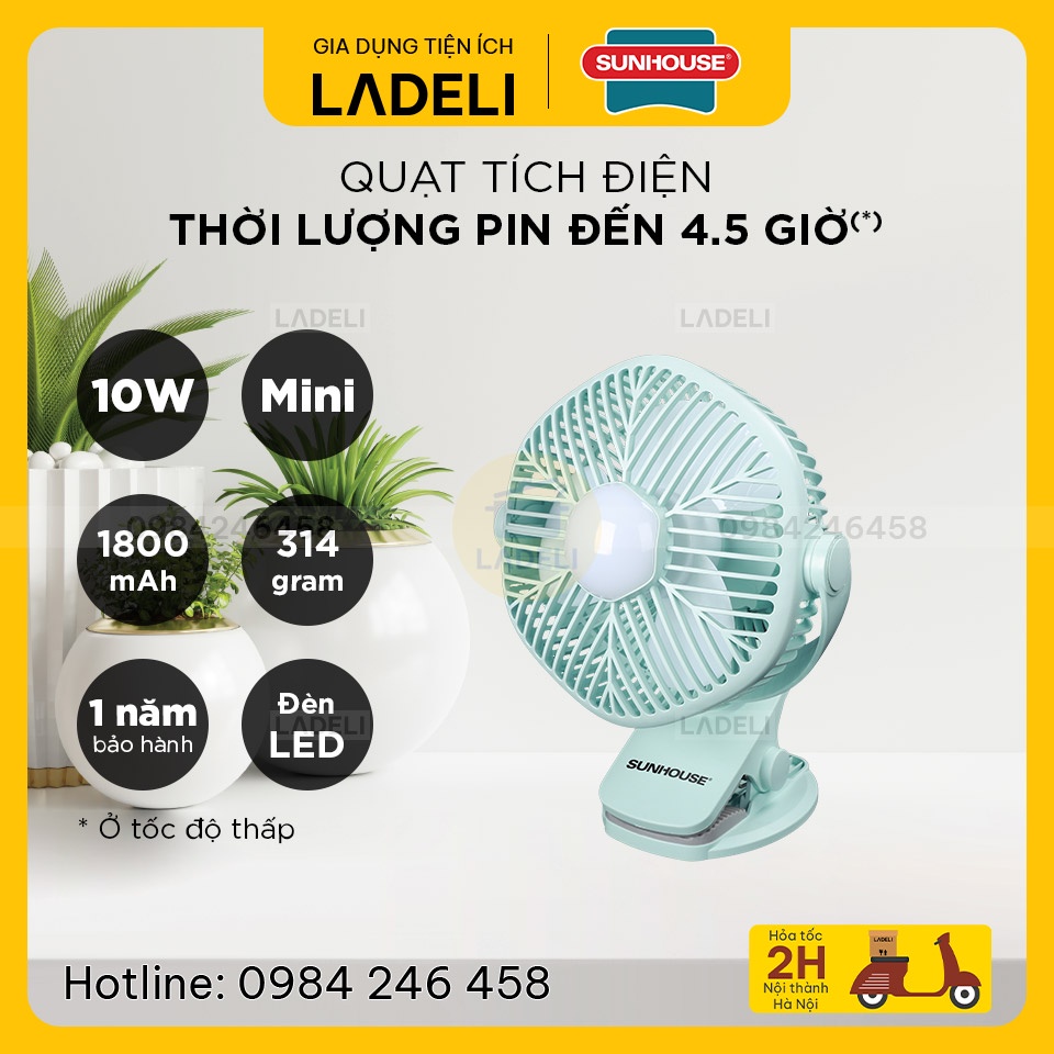 Quạt tích điện mini SUNHOUSE SHD7111 công suất 7W pin sạc có đèn và kẹp bàn hoặc xe đẩy