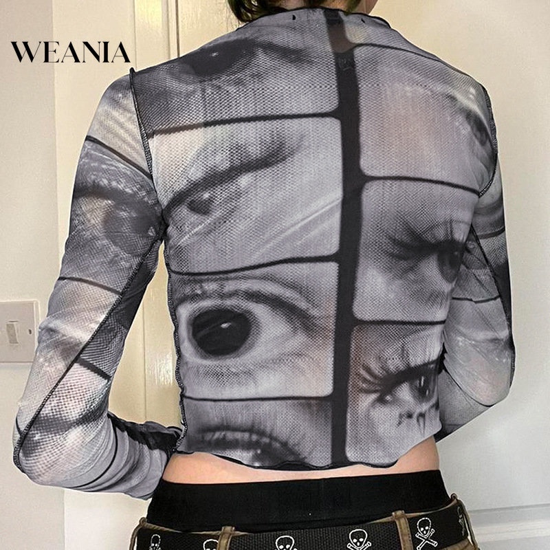 Áo Thun Tay Dài Phối Lưới In Hình Đôi Mắt Phong Cách WEANIA Ins Cho Nữ