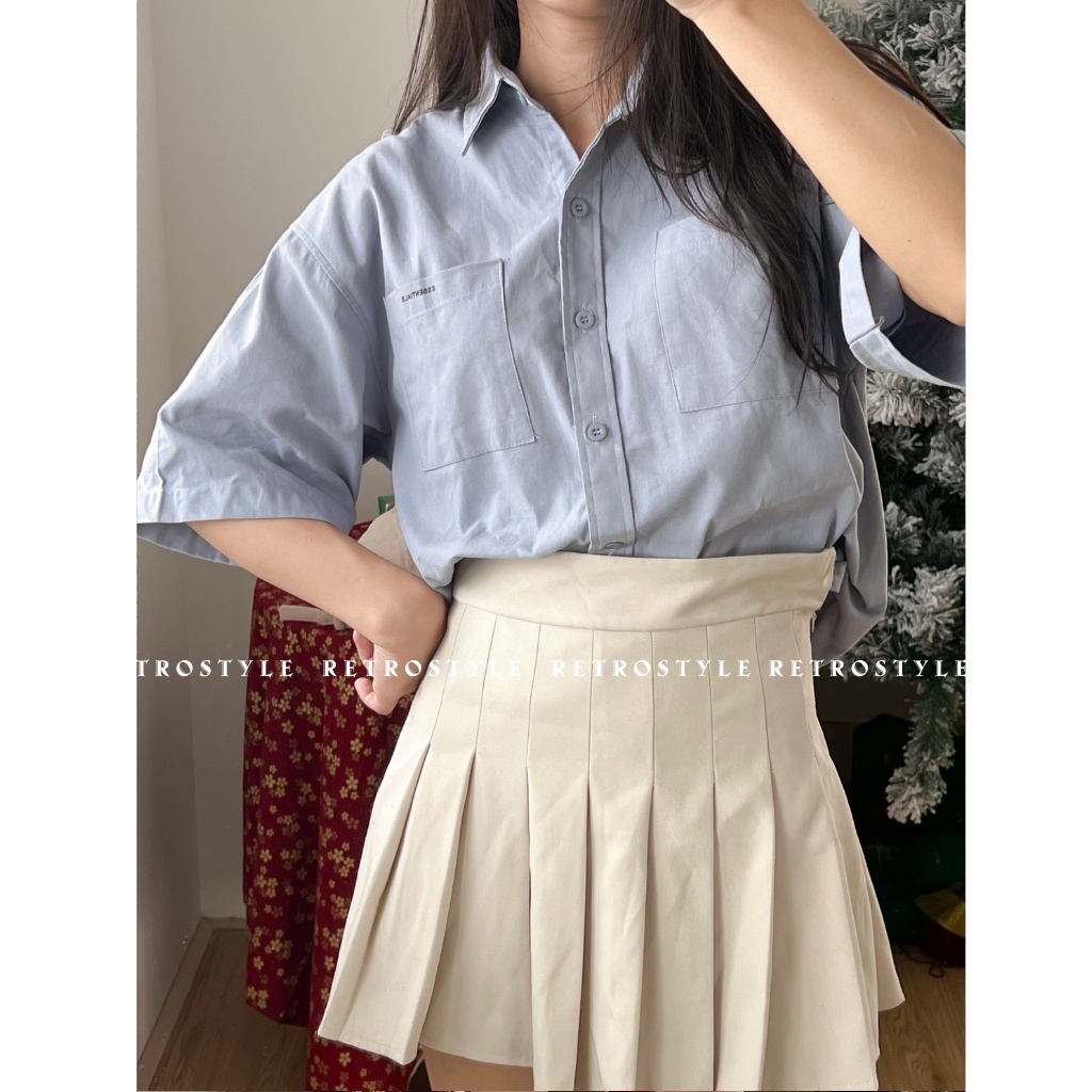 Áo sơ mi tay cộc chữ ESSENTIALS màu xanh chất thô mát form rộng AoSMEssential2619