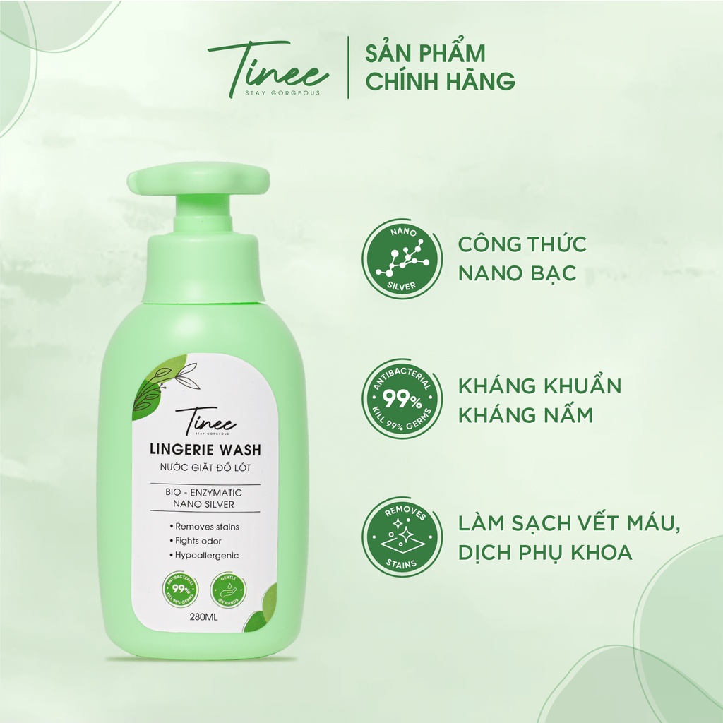 Combo 2 Nước giặt đồ lót Sinh học Tinee 280ml diệt khuẩn nấm Nano Bạc