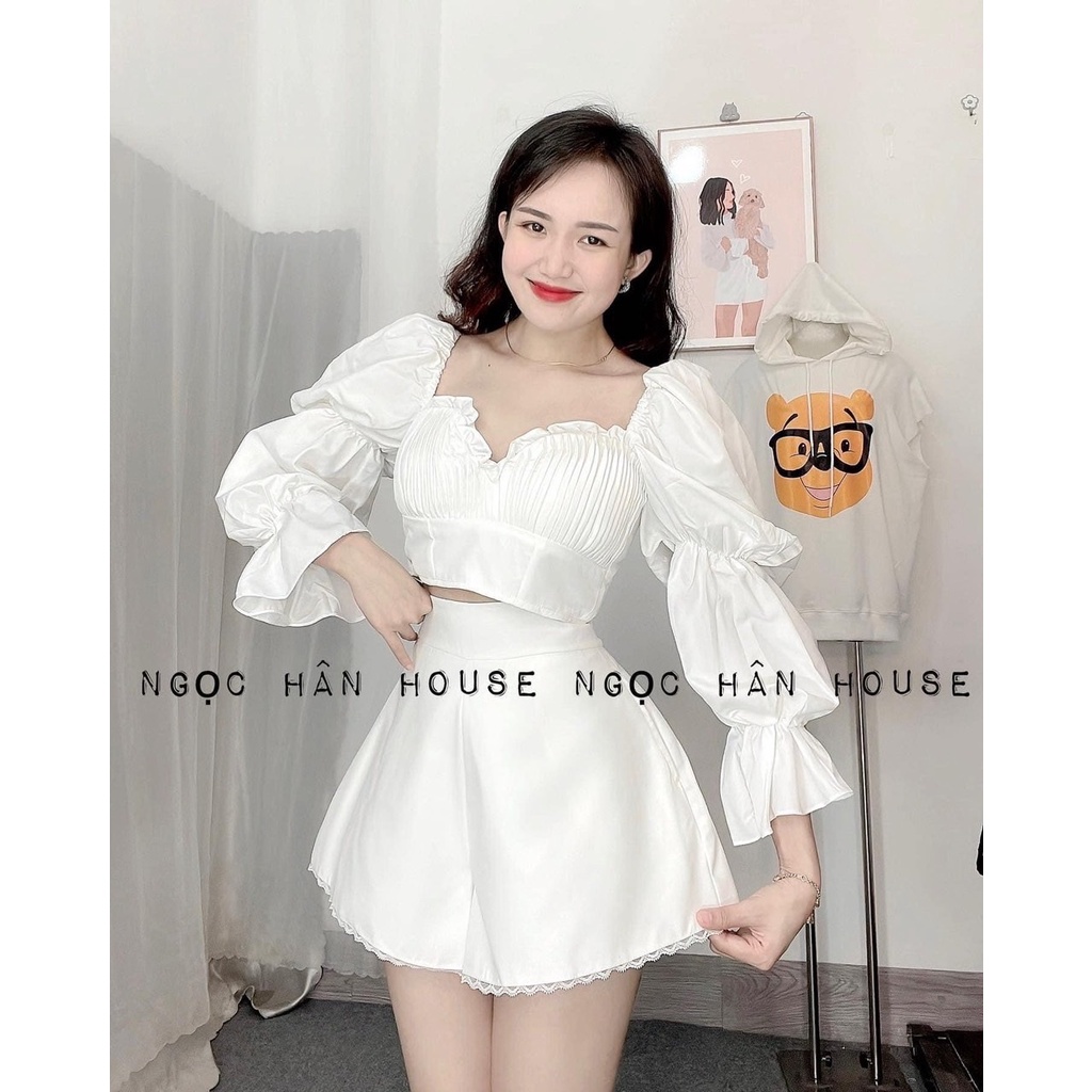 SET 2 MÀU ÁO XẾP LY NGỰC CROPTOP TAY KHÚC + QUẦN SHORT REN