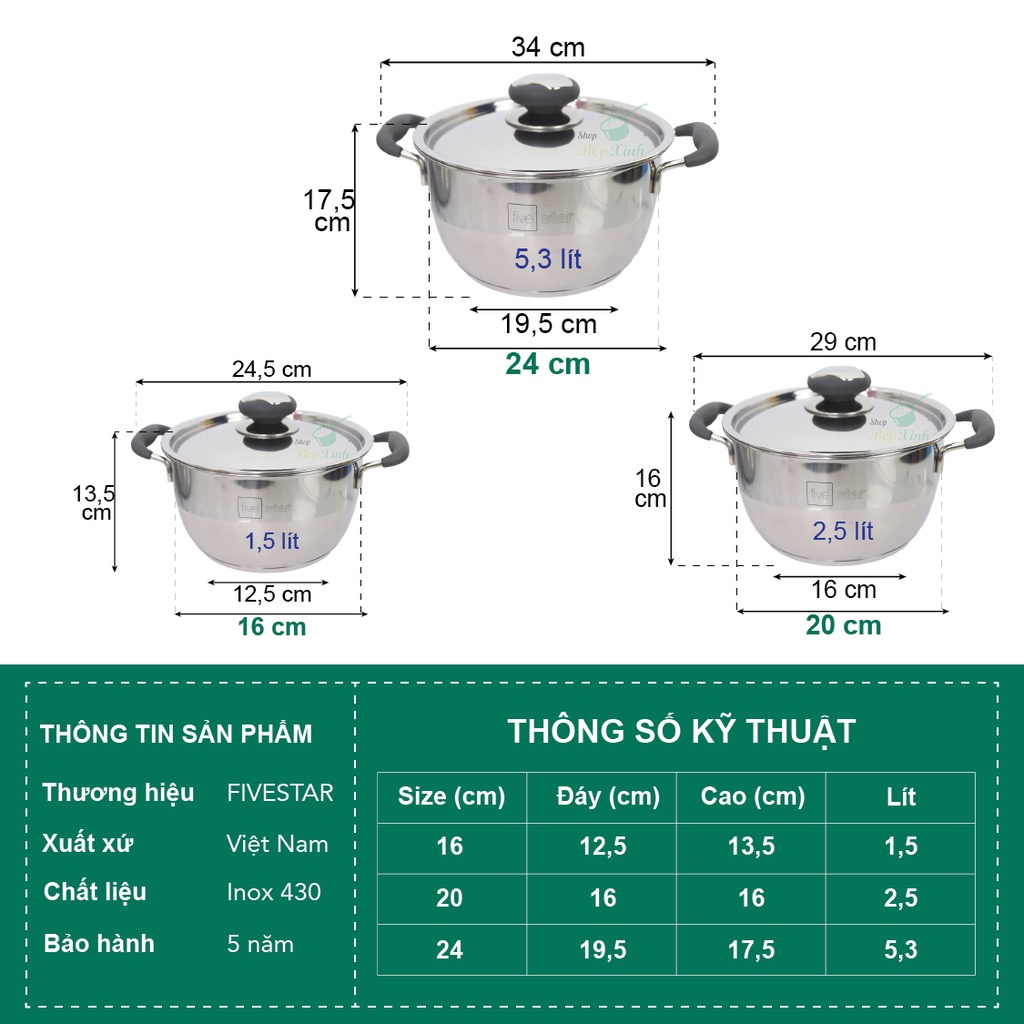 Nồi 3 đáy inox 430 cao cấp Fivestar Standard quai silicon chống nóng nắp inox (16cm / 20cm / 24cm)