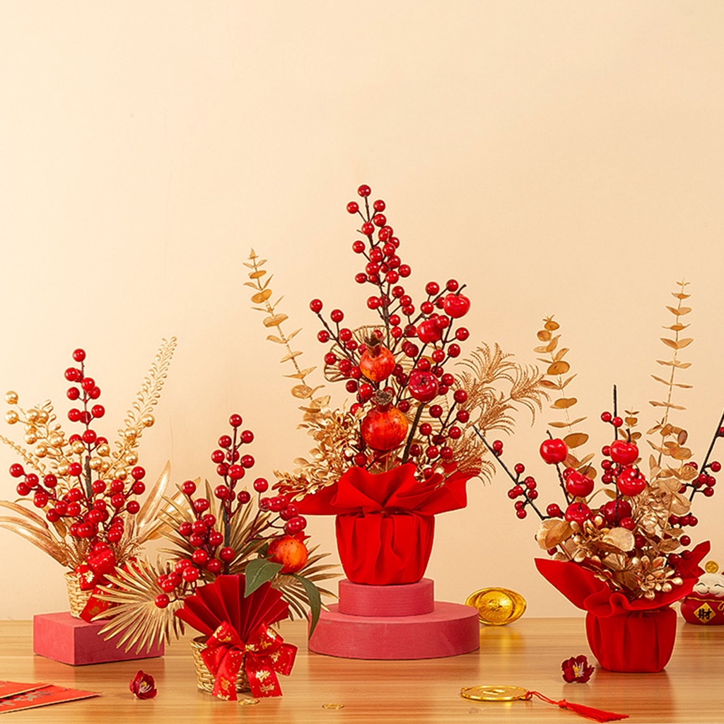 Chậu hoa phong thủy màu đỏ - Cành hoa đào đông - Cành Lá Vàng Hút Tài Lộc Trang Trí Nhà Dịp Lễ Tết Năm Mới