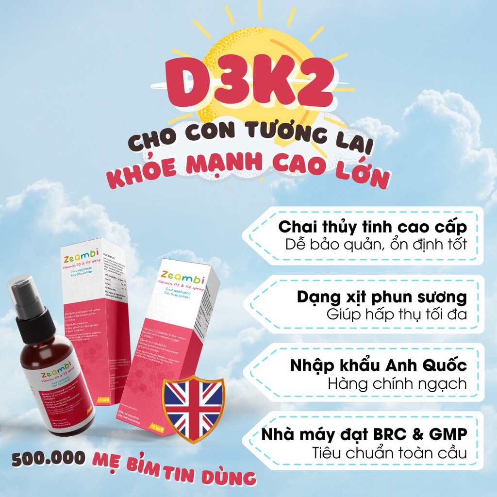 Vitamin D3K2 Zeambi dạng xịt nhập khẩu Anh Quốc 15ml ~ 110 xịt