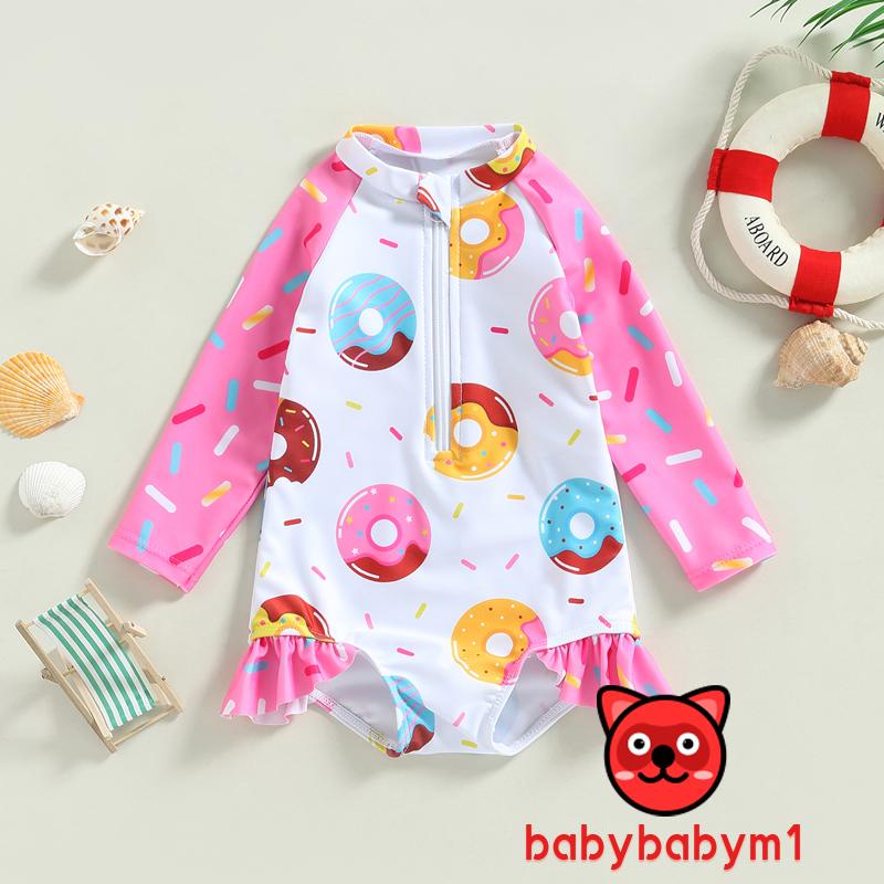 Bộ Đồ Bơi Tay Dài Phối Bèo Nhún In Họa Tiết Bánh Donut Xinh Xắn Cho Bé Gái