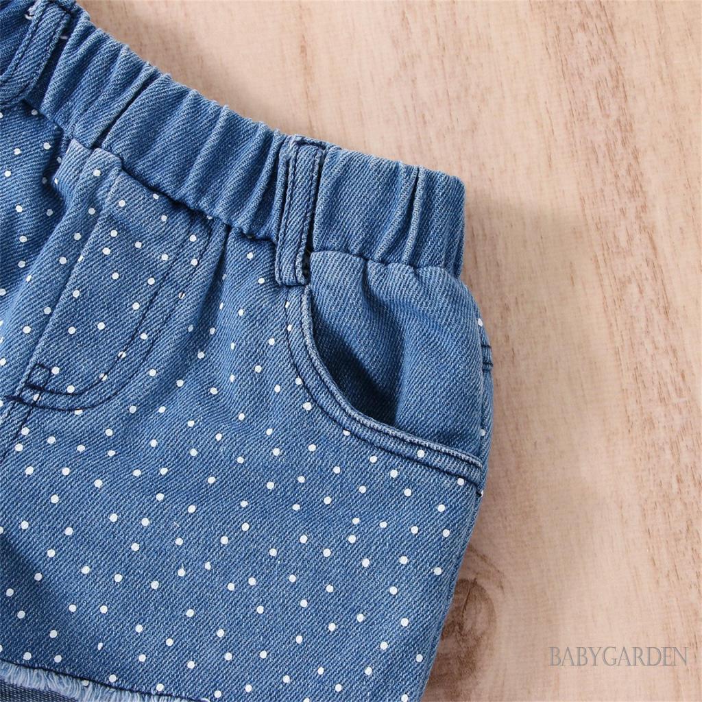 Set Áo hai dây Denim + Quần Short Họa Tiết Chấm Bi Dễ Thương Cho Bé Gái 1-6 Tuổi